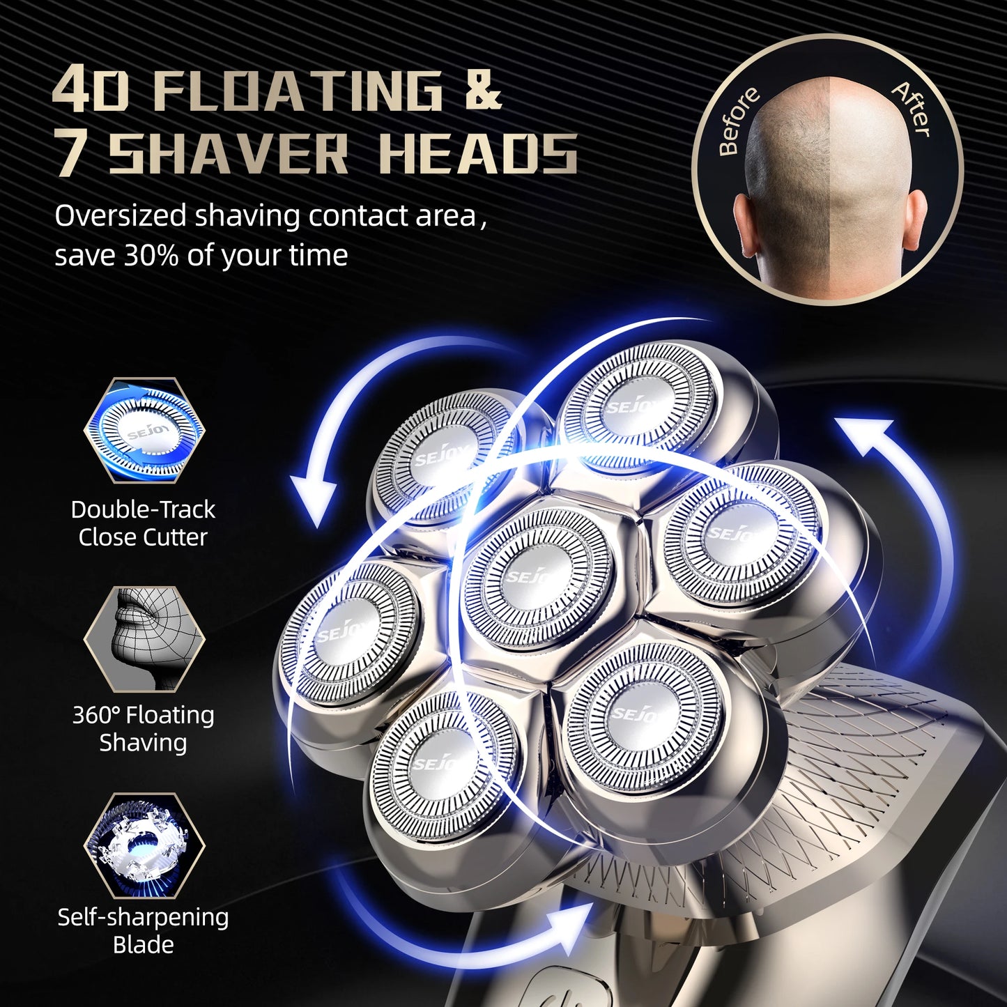 5 IN 1 LED Display Electric Head Shavers with Nose & Ear Trimmer