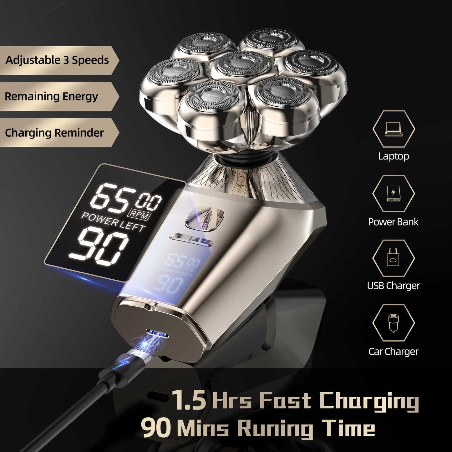 5 IN 1 LED Display Electric Head Shavers with Nose & Ear Trimmer