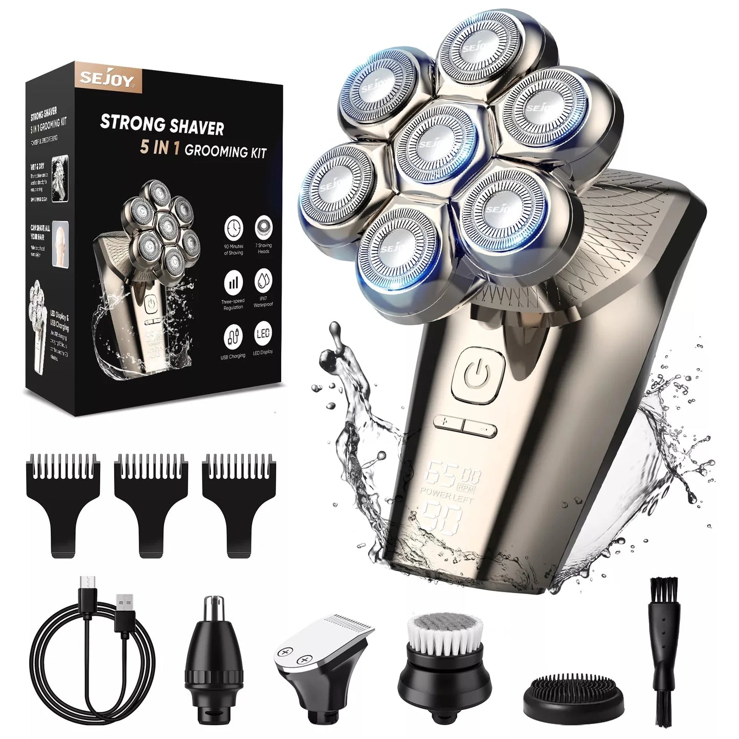 5 IN 1 LED Display Electric Head Shavers with Nose & Ear Trimmer